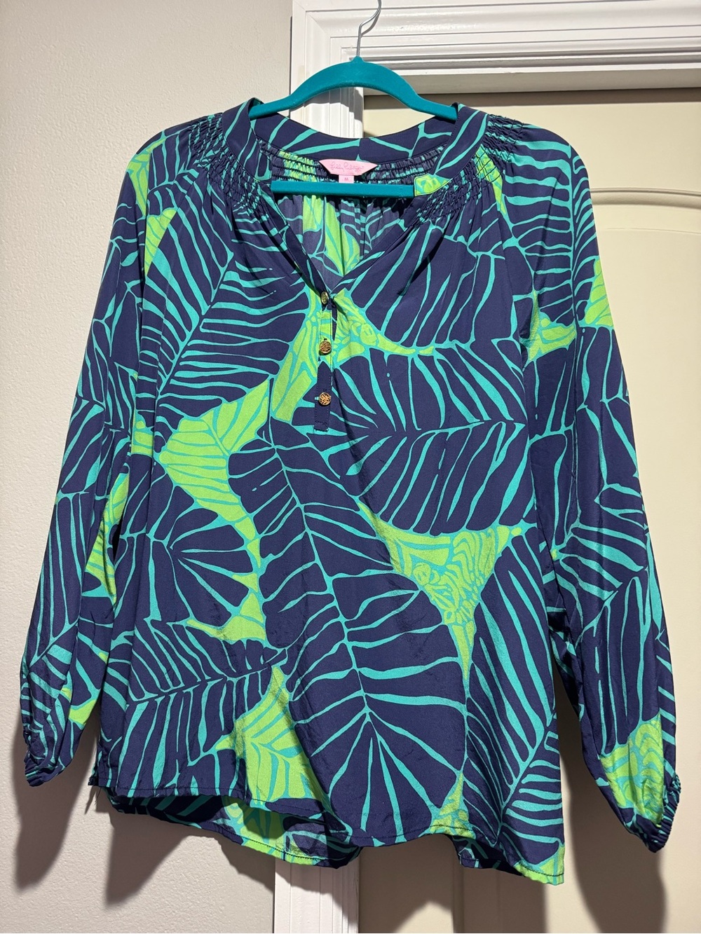 Lilly Pulitzer Navy and Lime Green Leaf Print Blouse